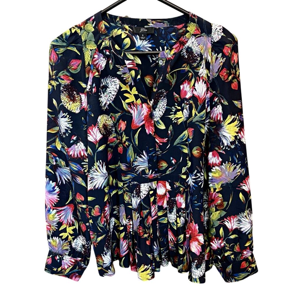 J.Crew 100% Silk S Floral Split V-Neck Pleated Blouse Work Career wear Preppy